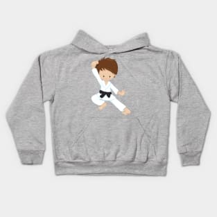 Karate Boy, Cute Boy, Brown Hair, Black Belt Kids Hoodie